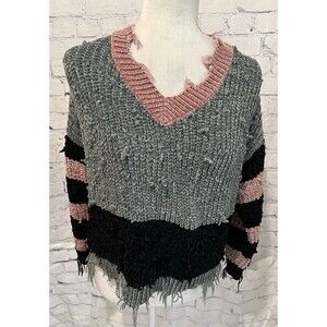 Like Love colorblock, V-neck knit sweater with distressed or frayed edges Small